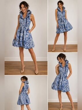 Samuel Dong Blue Printed Ruffle Collar Mini Dress